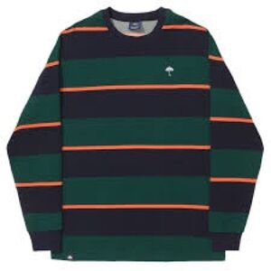 Hélas Band L/S T-Shirt in Navy/Green features a striped design skateboarding